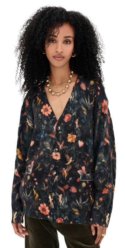 R13 Printed Boyfriend Cardigan Floral With Angels Black