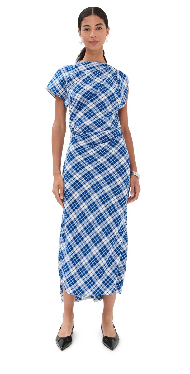Proenza Schouler Hallie Dress In Crinkled Plaid Cobalt Multi