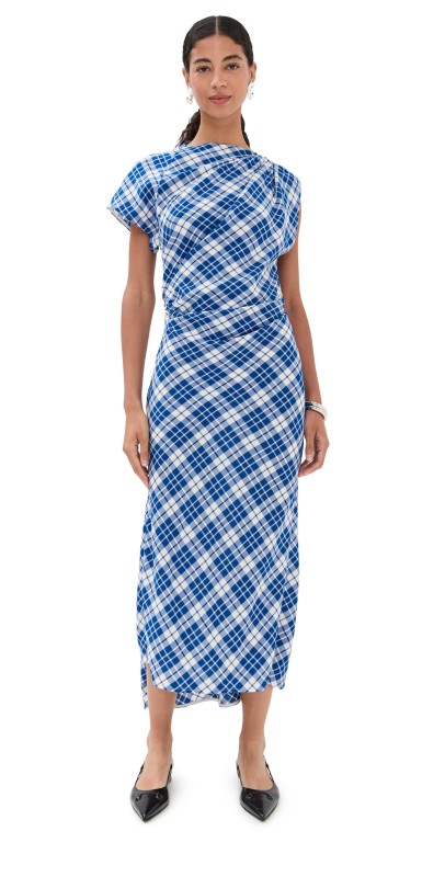 Proenza Schouler Hallie Dress In Crinkled Plaid Cobalt Multi