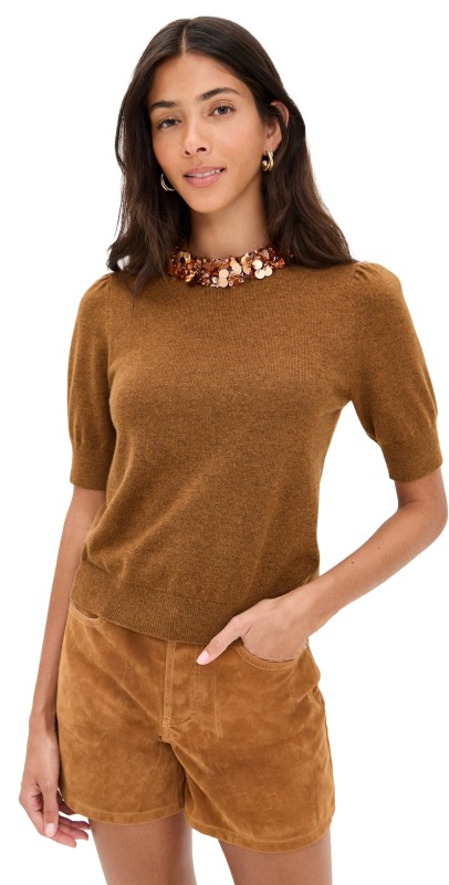 Ulla Johnson Liv Embroidered Cashmere Short Sleeve Knit Umber