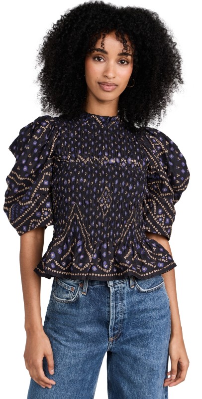 Sea Delphine Pucker Cotton Smocked Top Blue