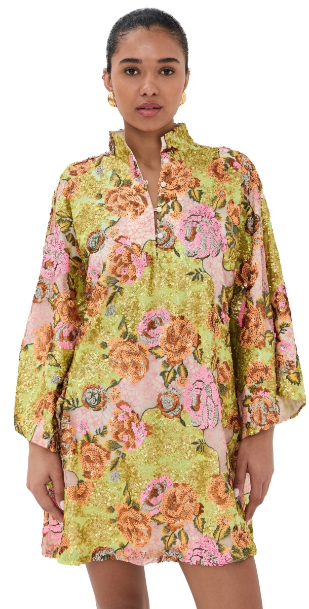 La Vie Style House Scattered Floral Sequin Mini Caftan Green/Pink Mult