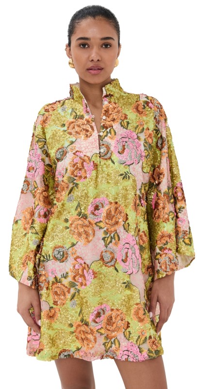 La Vie Style House Scattered Floral Sequin Mini Caftan Green/Pink Mult