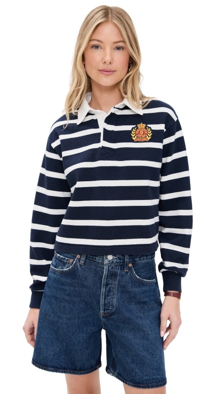 Sporty & Rich NY Crest Rugby Polo White/Navy Large Stripe Gold/C