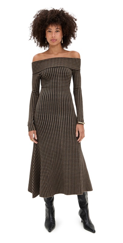 LE BOP Gingham Knit Off Shoulder Dress Chocolate/Black