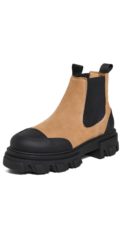GANNI Cleated Low Chelsea Boots Suede Cognac
