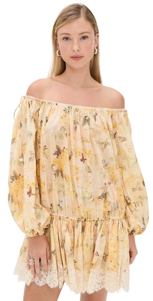 Zimmermann Cascadian Tiered Mini Dress Yellow Botanical Floral