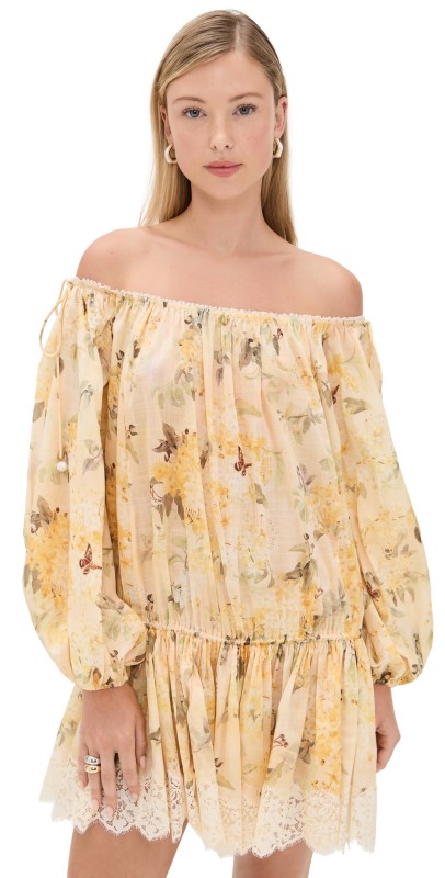Zimmermann Cascadian Tiered Mini Dress Yellow Botanical Floral