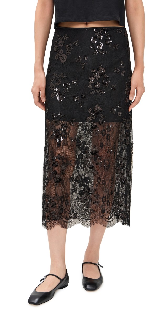 CAMI NYC Aylin Sequin Lace Skirt Black