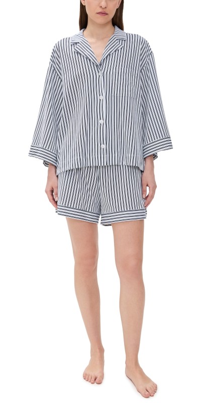 Petite Plume Pima Olivia Short PJ Set White/Navy Stripe