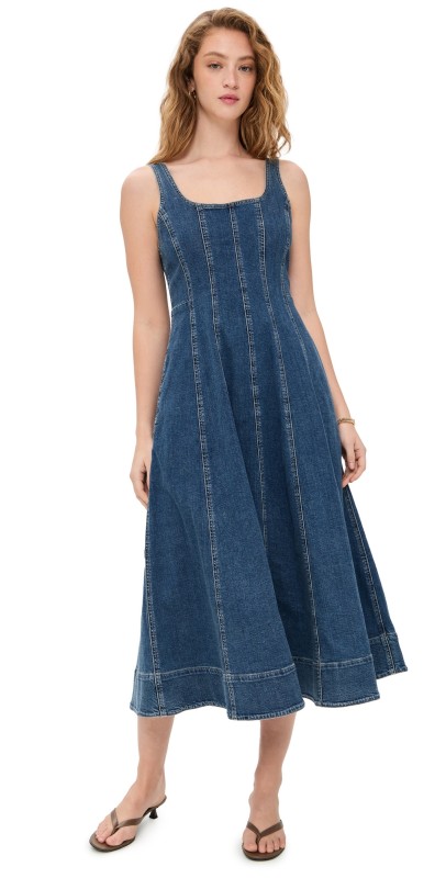 Madewell Denim Seamed Flare Midi Dress In Croswell Wash Croswell Wash