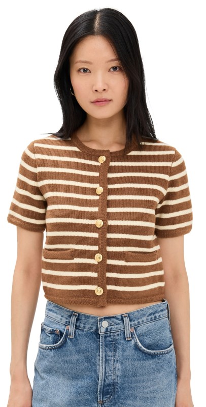 English Factory Knit Striped Sweater Cardigan Tan/White