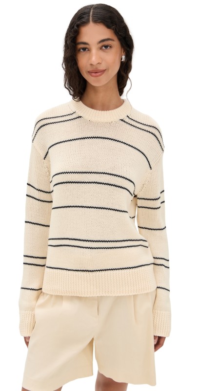 Vince Variegated Stripe Crew Neck Oat Shell/Navy
