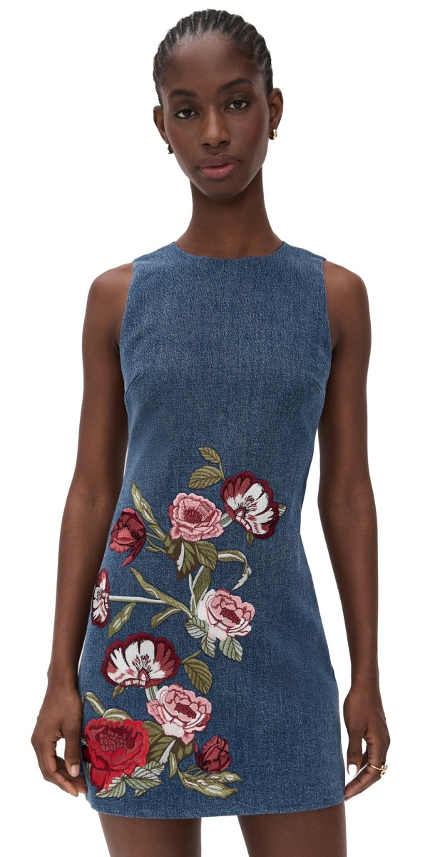 alice + olivia Cade Embroidered Sleeveless Shift Denim Mini Dress Brooklyn Blue/Multi