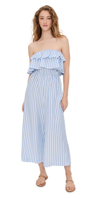 Pixie Market Stripe Ruffle Jumpsuit Blue Stripe