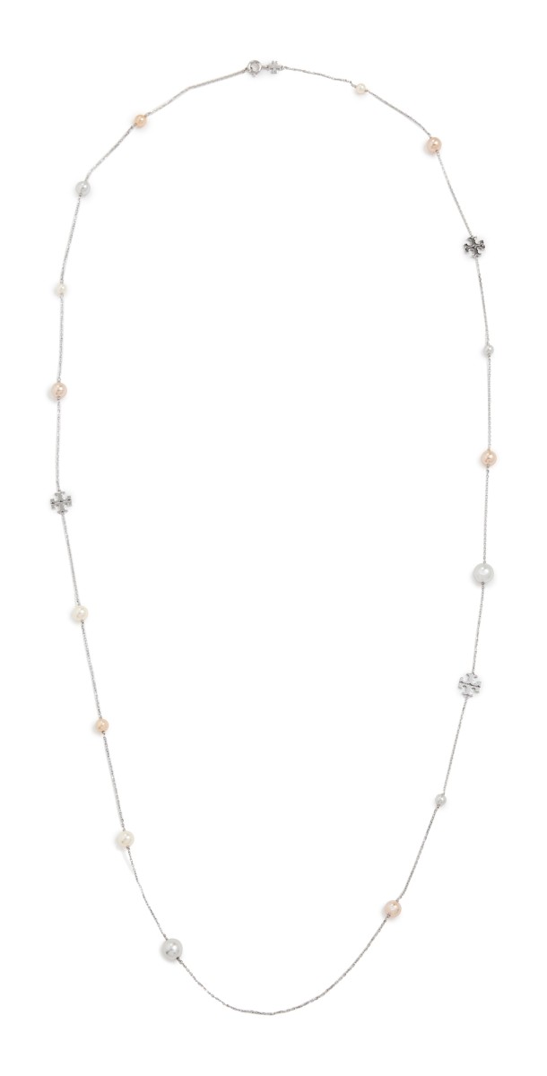 Tory Burch Delicate Kira Pearl Long Necklace Tory Silver/Pearl