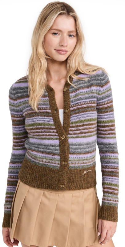 GANNI Soft Wool Stripe Cardigan Military Olive