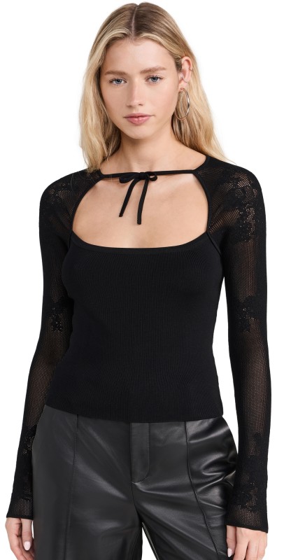 Fleur du Mal Lace Pointelle Knit Decollette Top Black