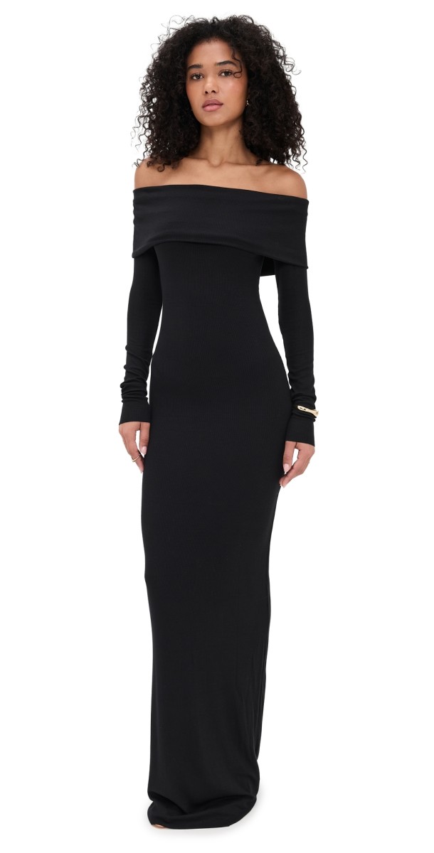 Éterne Long Sleeve Off Shoulder Maxi Dress Black