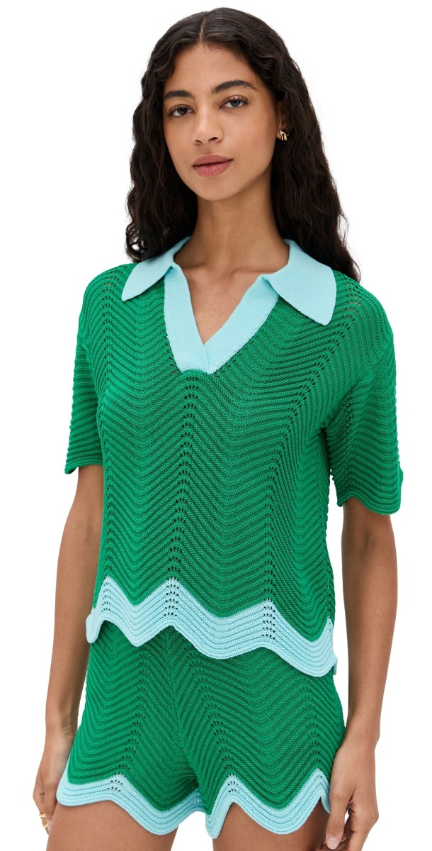 English Factory Scallop Short Sleeve Knit Polo Green/Light Blue