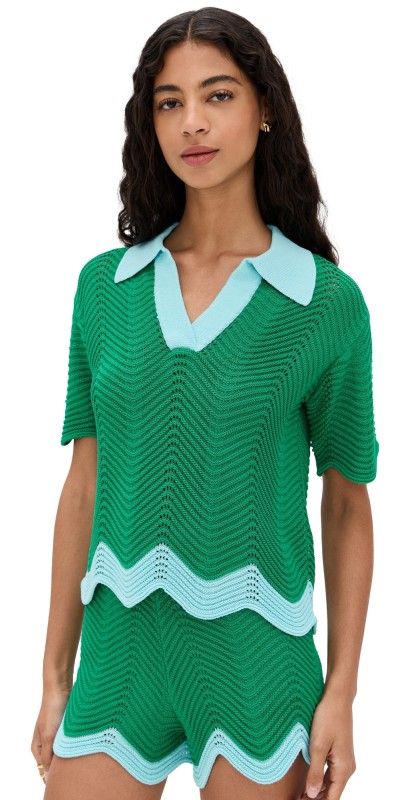 English Factory Scallop Short Sleeve Knit Polo Green/Light Blue