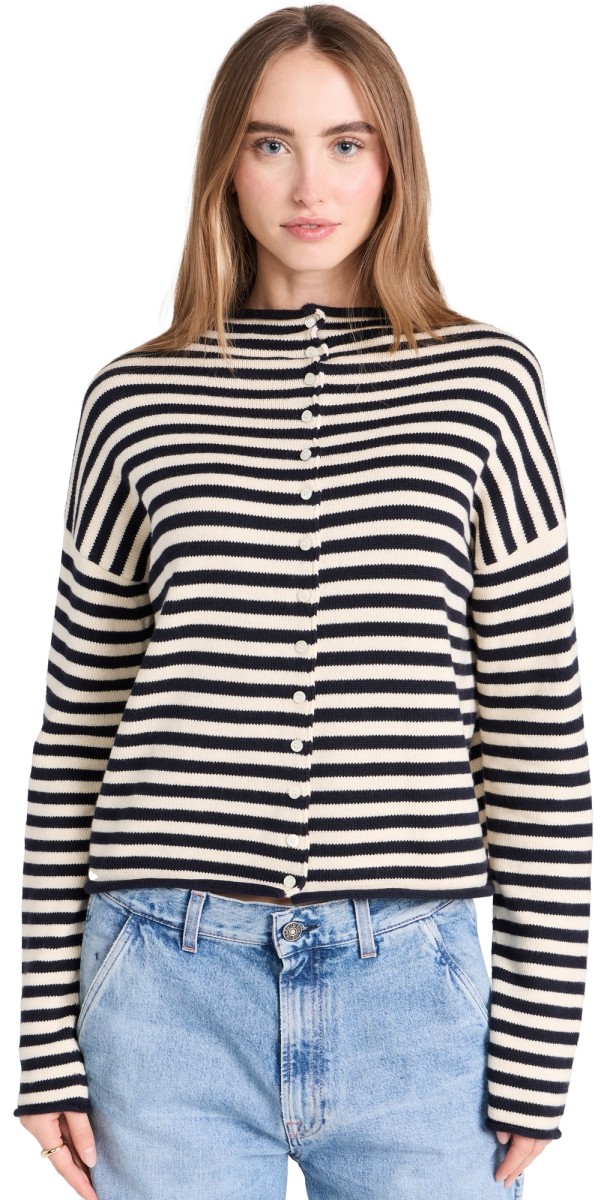 Alex Mill Taylor Cardigan in Stripe Cotton Cashmere Blend Navy/Ivory