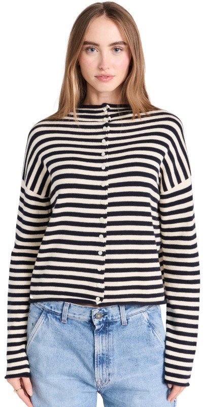 Alex Mill Taylor Cardigan in Stripe Cotton Cashmere Blend Navy/Ivory