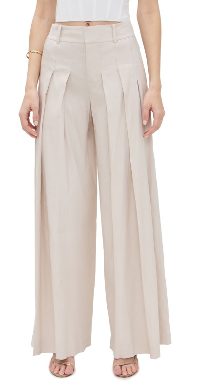 alice + olivia Simon Wide Leg Pleated Trousers Oatmeal
