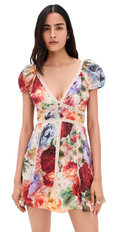 alice + olivia Rose Deep V Lace Detail Mini Dress STORM FLORAL SM