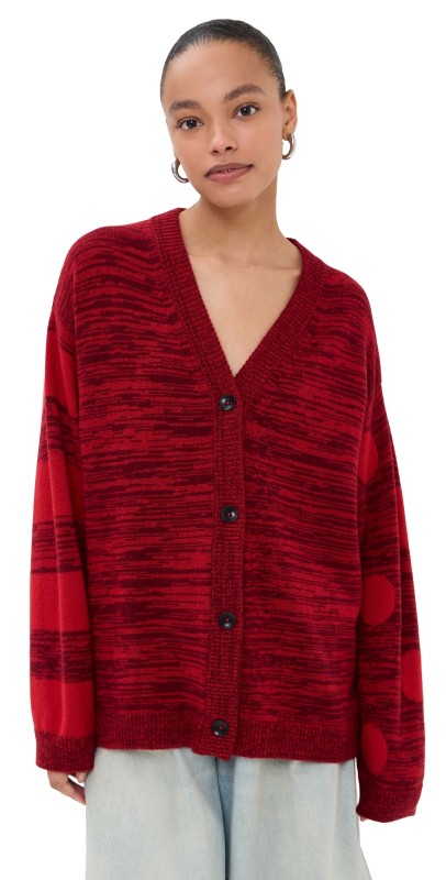 The Elder Statesman Stripe Polka Dot Swan Cashmere Cardigan Red Cedar/Bubblegum