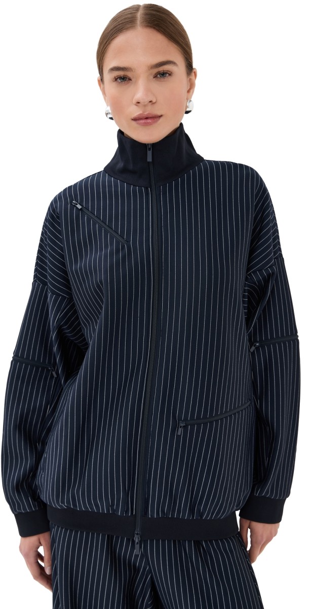 Tibi Pinstripe Active Knit Zipper Detailed Track Jacket Navy Multi