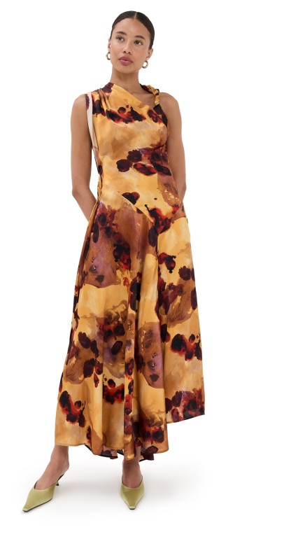 Victoria Beckham Sleeveless Draped Silk Midi Dress Amber