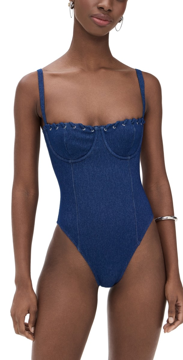 Good American Denim Square Neck Support One Piece Swim Denim Rinse