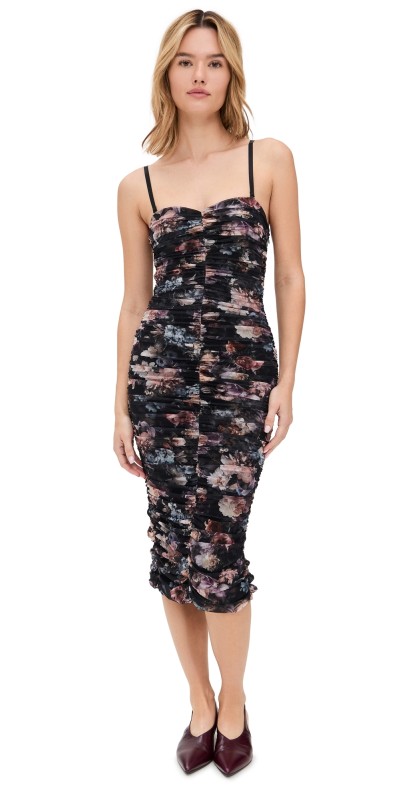 L'AGENCE Caprice Strapless Midi Dress Black Multi Vintage Oil Flower