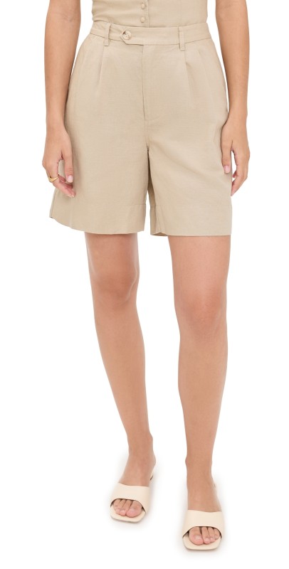 Onia Air Linen Pleated Bermuda Shorts Jute