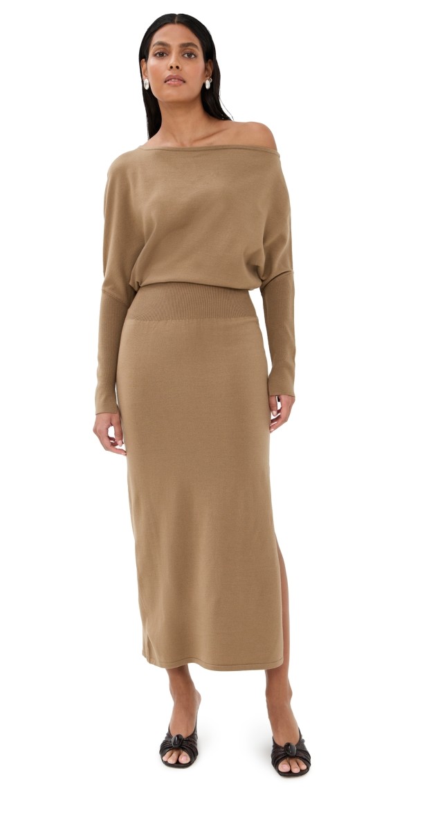 SIMKHAI Janese Off Shoulder Midi Dress Camel