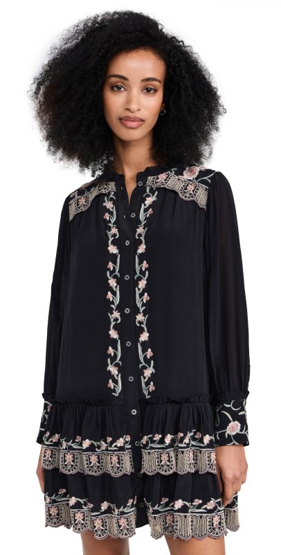 Sea Lacey Embroidery Long Sleeve Tunic Dress Black