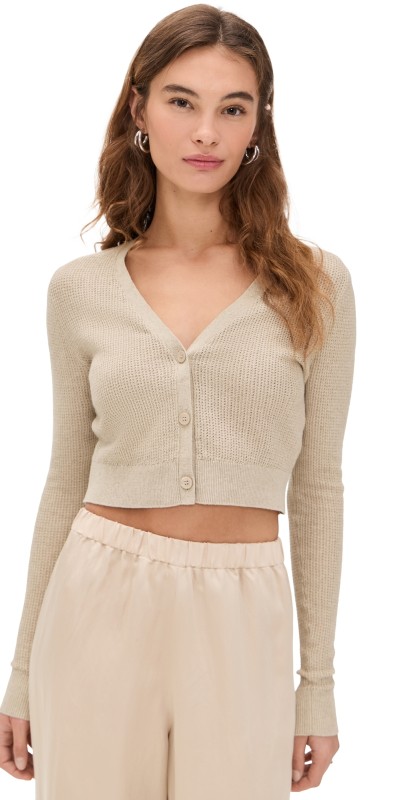Enza Costa Linen Open Knit Cropped V Neck Cardigan Basalt