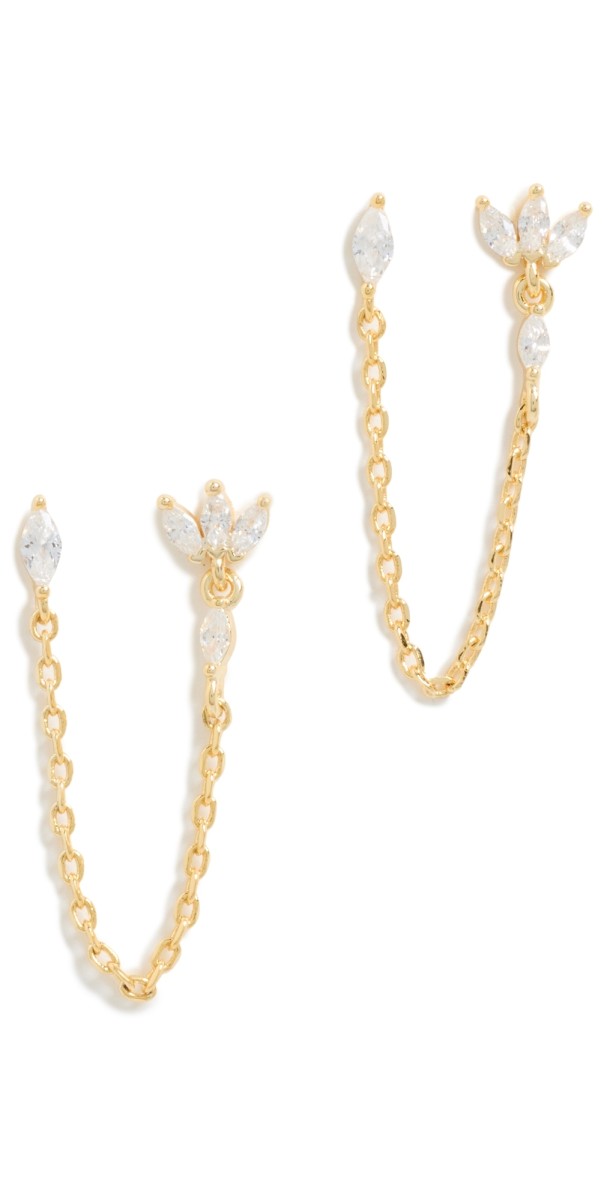 By Adina Eden CZ Marquise Chain Double Stud Earrings Gold