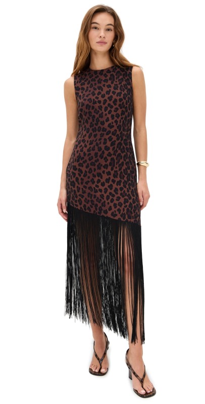 SIMONMILLER Casablanca Crepe Fringe Dress CHOCO BROWN LEOPARD