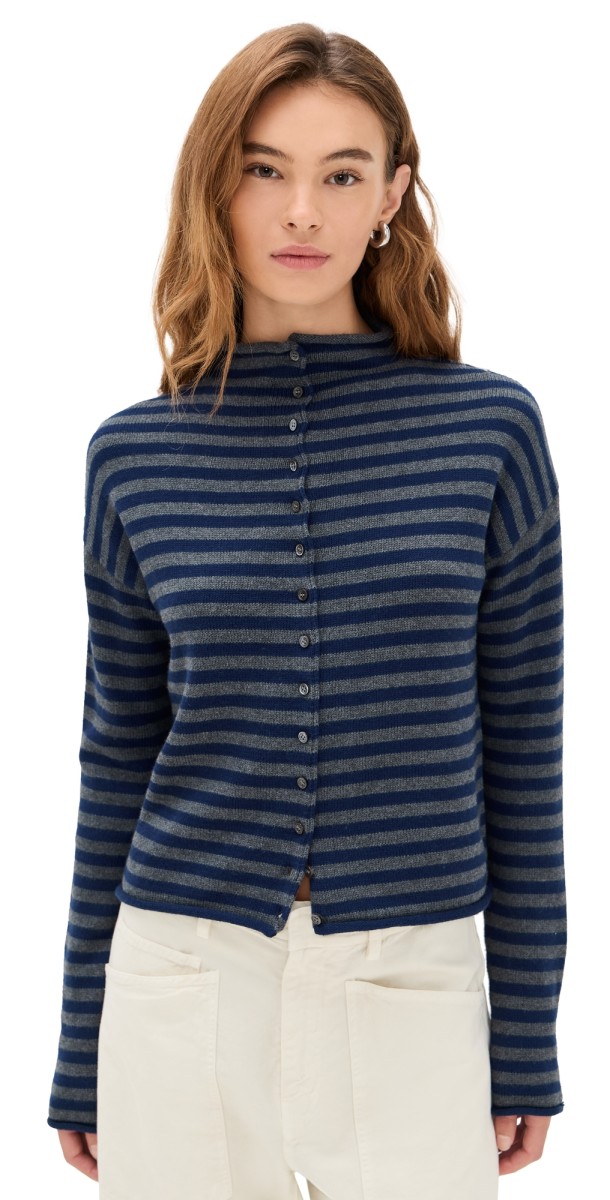 Alex Mill Taylor Cardigan in Stripe Cotton Cashmere Blend Navy/Oxford