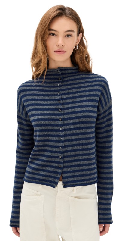 Alex Mill Taylor Cardigan in Stripe Cotton Cashmere Blend Navy/Oxford