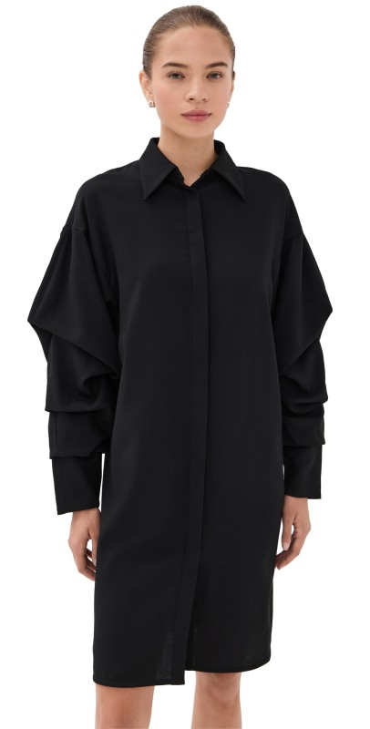 Bite Studios Pleated Sleeve Wool Crepe Shirt Dress Black