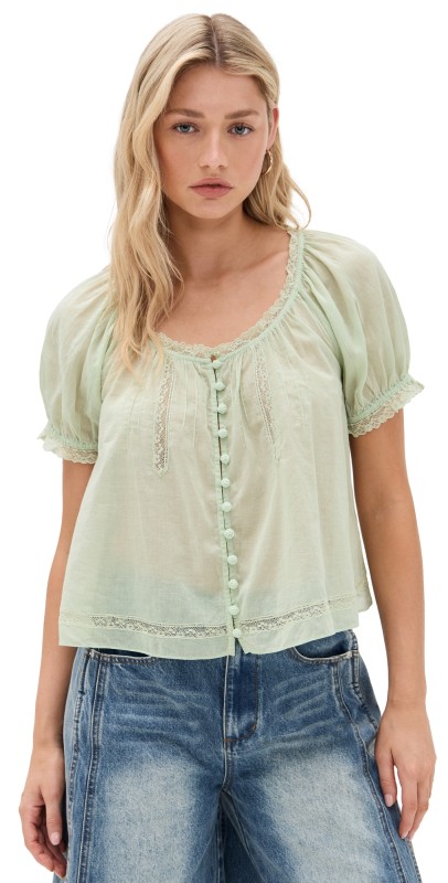 alice + olivia Odette Puff Sleeve Pintuck Blouse Green Tea