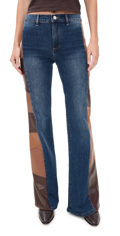 alice + olivia Faux Leather Patchwork Wide Leg Flare Jeans Darby Vintage Blue/Toffee