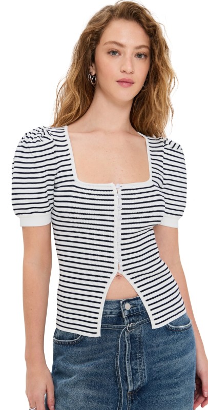 English Factory Square Neck Striped Button Down Knit Top Navy/White