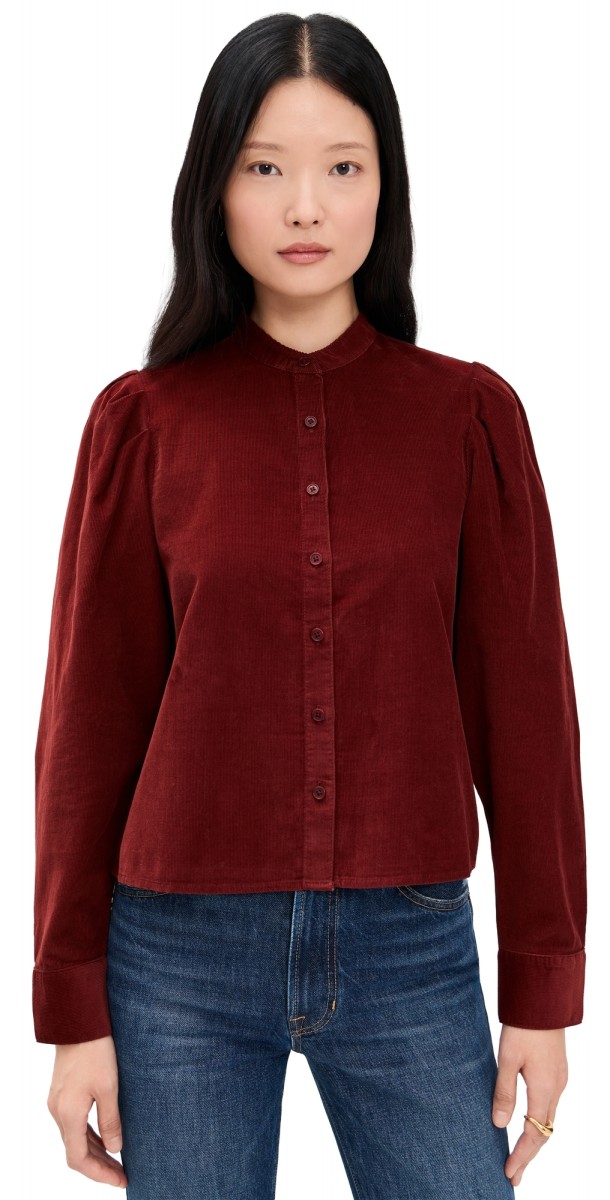 Madewell Puff-Sleeve Button-Up Shirt In Corduroy Deep Redwood