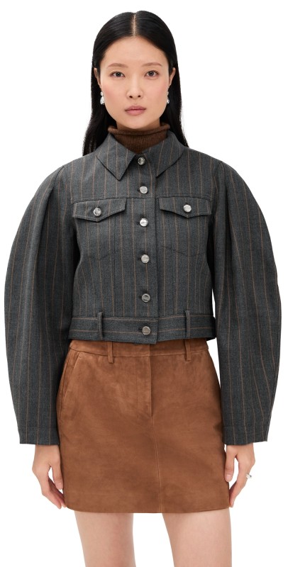 GANNI Brushed Wool Stripe Jacket Pewter