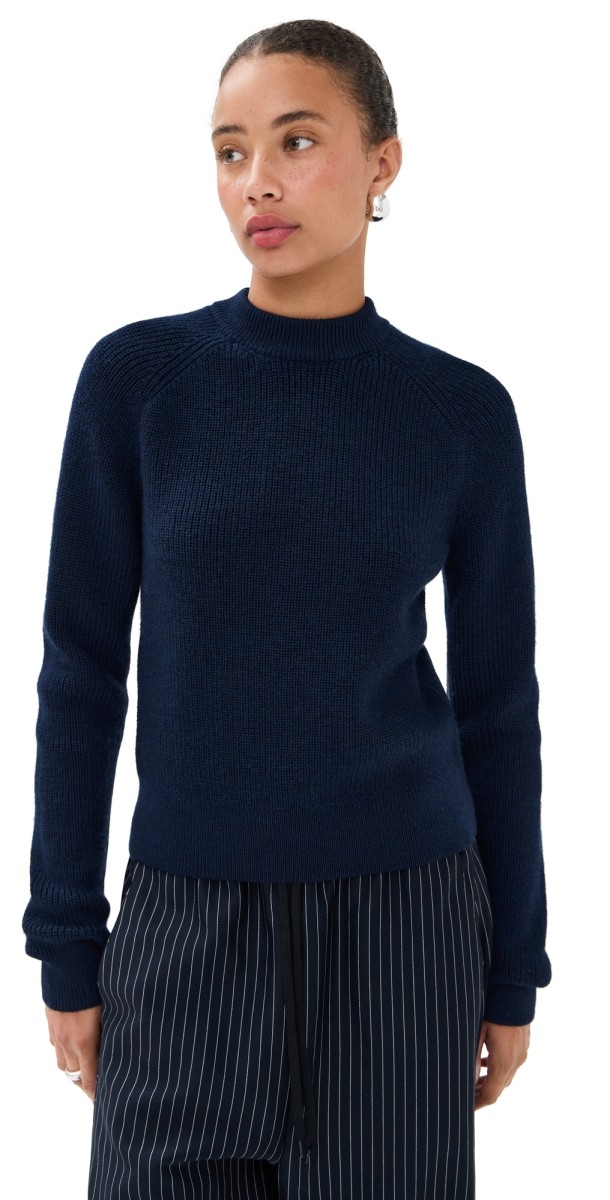 Tibi Cardigan Stitch Wool Shrunken Crewneck Dark Navy