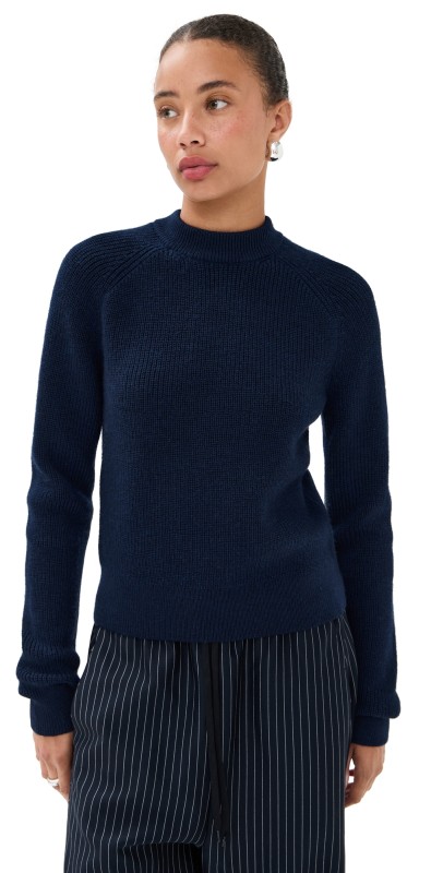 Tibi Cardigan Stitch Wool Shrunken Crewneck Dark Navy
